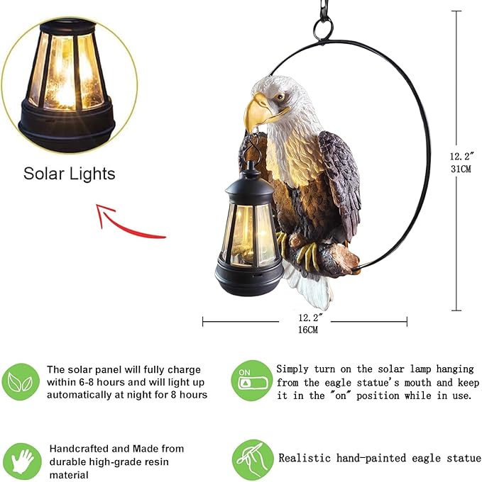 American Bald Eagle Statue with Solar Light - 11.81-inch Yard Art Resin Bald Eagle Decoration,for Patio, Garden, Lawn,Bald Eagle Gifts for Men