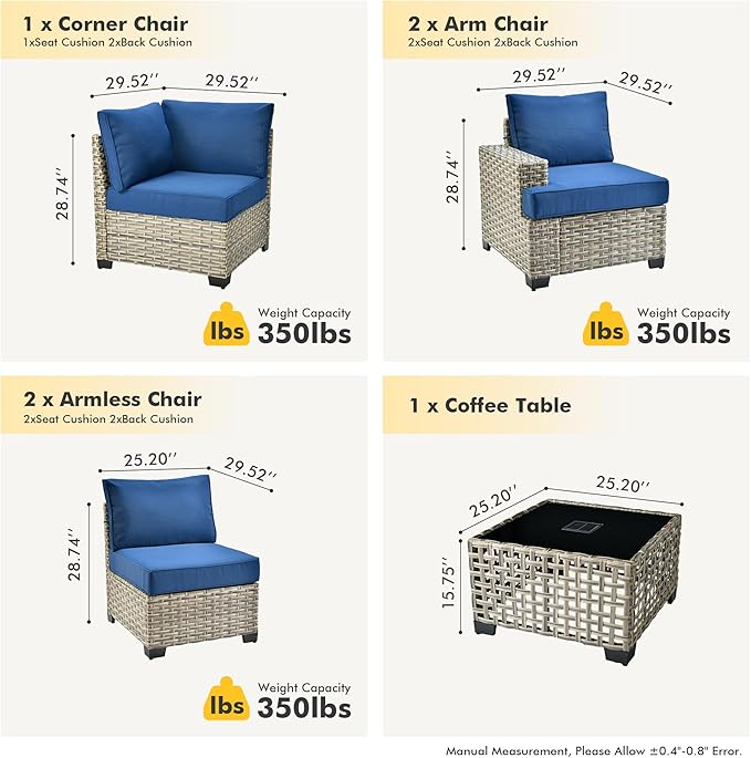 HOOOWOOO Outdoor Sectional Patio Furniture Set,6 Pieces Wicker Conversation Sets L Shaped Couch,Extra Deep Out Door Sofa Outside Furniture,Navy Blue