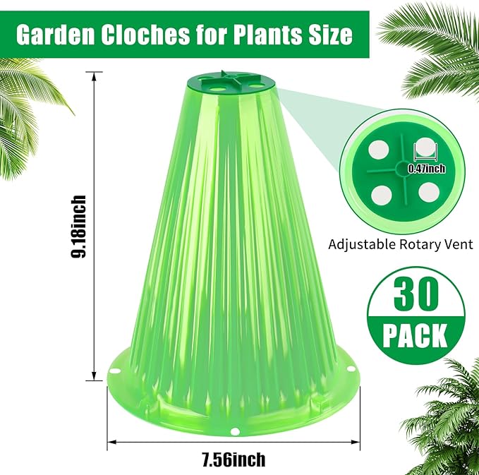 UQM 30 Pack Garden Cloches for Plants, Reusable Bell Plant Protector with Rotary Vent Cover, Garden Protection from Animals Snails Birds Chickens Insect, 9.18" H X 7.56" D (Green)