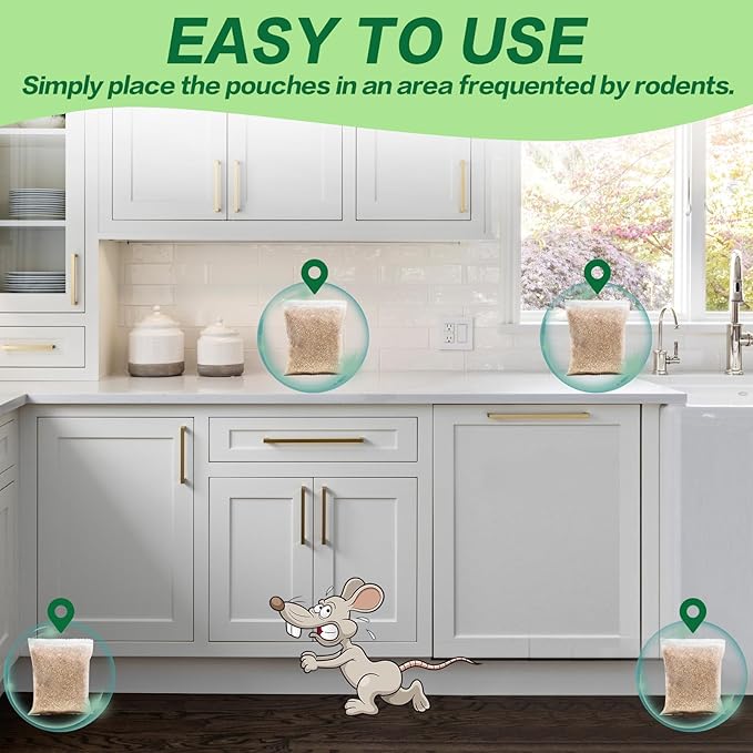 12 Pack Mouse Repellent Pouches - Natural Peppermint Oil, Long-Lasting Rodent Deterrent - Safe for Pets & Family, ice Repellent Indoor/Outdoor Use in Garage, Car & Garden