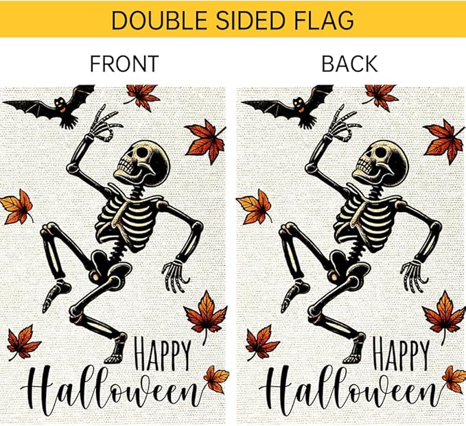 Halloween Garden Flags For Outside Decoration, Fall Garden Flag Funny Happy Skeleton Small Yard Flag For Outdoor Decor 12x18 Inch Vertical Double Sided