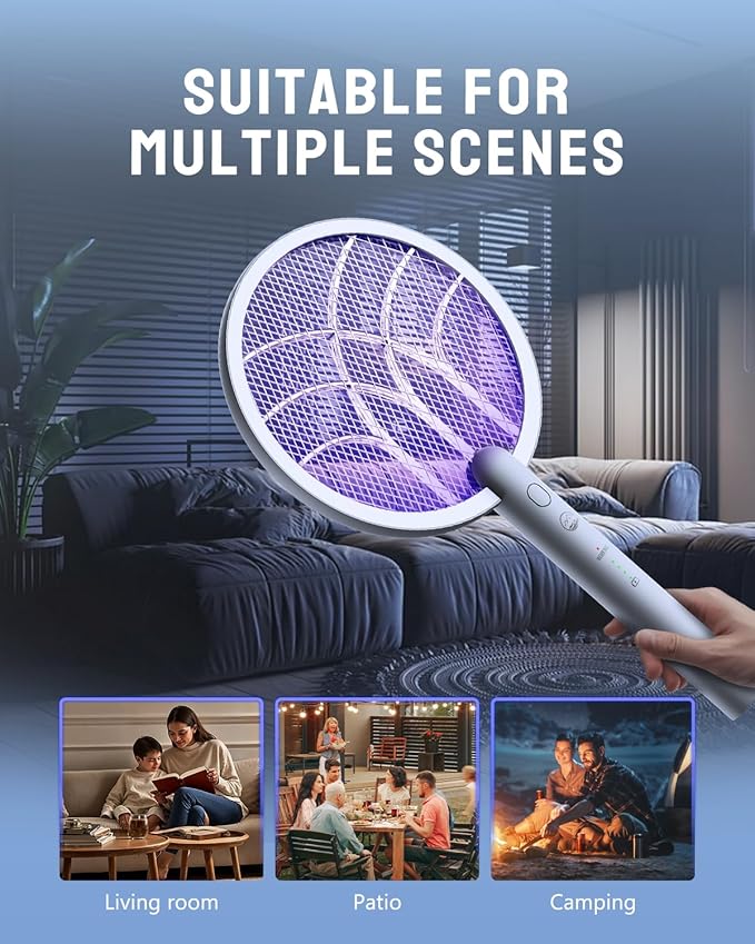 Electric Fly Swatter Racket, Mosiller 2 in 1 Smart Bug Zapper & Power Take Off Generators with USB Rechargeable Base, Powerful Mosquitoes Trap Lamp & Fly Killer for Home, Bedroom (Light Grey（1 Pack）)