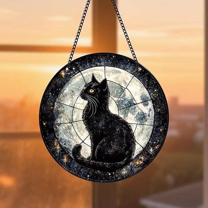 Black Cat Sun Catcher - Black Cat Full Moon Acrylic Suncatcher Rainbow Maker Stained Acrylic Window Hanging Ornament Indoor Outdoor Decoration Home Garden Decor Chain Pendant Memorial Gifts