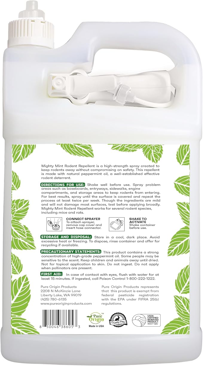 Mighty Mint Peppermint Oil Rodent Repellent Spray with Microfiber Cloth – Natural Indoor & Outdoor Control for Mice and Rats – Plant-Based, Extra-Strong Formula - 1 Gallon (128 oz)