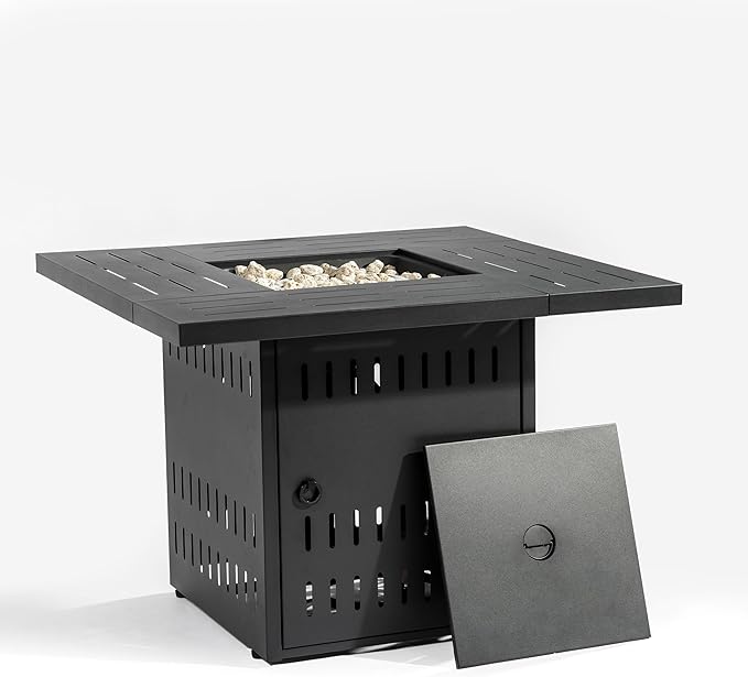 34'' Propane Fire Pit Table, 50,000 BTU Detachable Tabletop Fire Table with Steel Lid, Laval Rocks, Deck Safe Fire Pit, Gas Fire Pits for Outside Patio