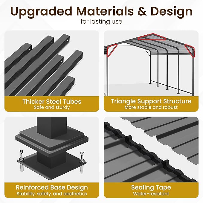 12x20 FT Car Port, Heavy Duty Canopy with Updated Roof & Enhanced Base, Multi-Use Metal Carport Garage for Car, Truck, Boat, Tractors, Party, Grey