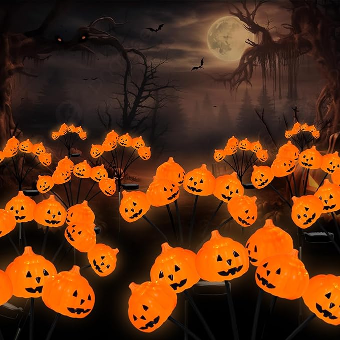 Solar Halloween Pathway Lights 3 Pack Pumpkin Stake Lights Outdoor 2 Modes Cool White LEDs for Garden Yard Patio