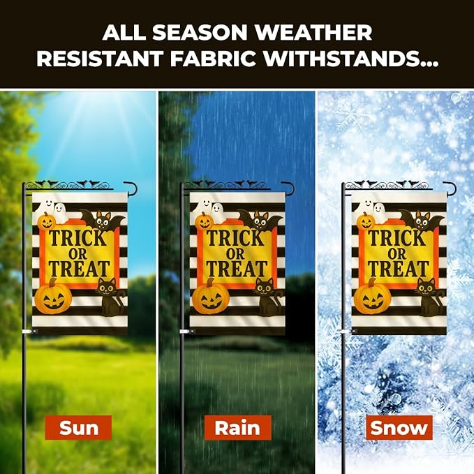 Halloween Garden Flag 12x18 Double Sided – Trick or Treat Yard Flag with Pumpkins, Ghosts, Bat, Cat – Fall Outdoor Burlap Halloween Flag for Garden or Lawn