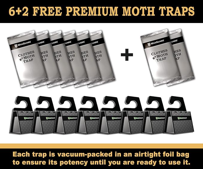 MaxGuard Clothes Moth Traps (6+2 Free Traps) with Extra Strength Pheromones | Non-Toxic Sticky Glue Trap for Closets and Carpet Moths | No Mothballs | Lure, Trap and Kill Case-Bearing Webbing Moths |