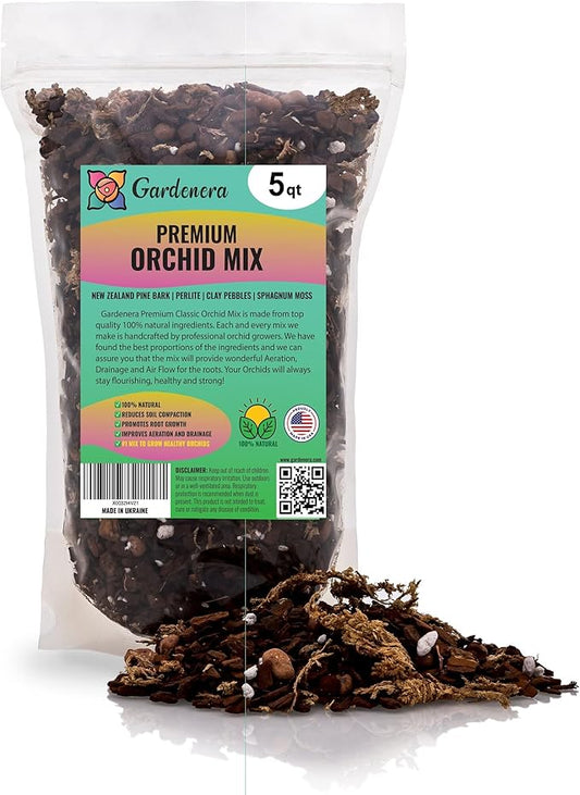 Organic Premium Orchid Soil Mix by Gardenera - Hand Mixed Classic Sphagnum Moss Potting Soil Mix - for Phalaenopsis Orchid - 5 Quart - Made in USA