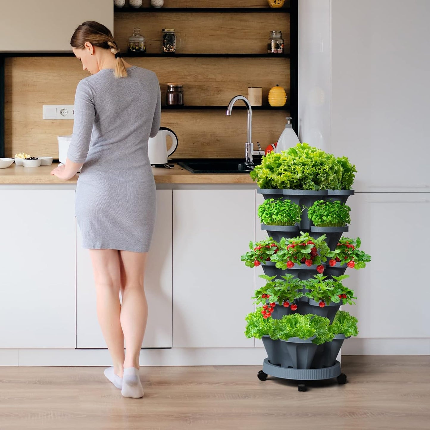 Strawberry Stackable Planters, Vertical Tower Garden, 6 Tiered Stacking Herb Vegetable Planters with Movable Casters and Bottom Saucer Indoor and Outdoor - Dark Grey