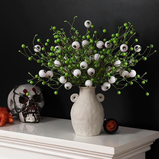 8 Pack Halloween Eyeball Picks Artificial Berry Stems Hlalloween Flowers with Fluorescent Eyeball Branches for Vase Filler, Table Centerpieces & Party Decor