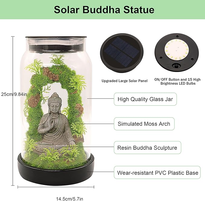 Solar Garden Buddha Statue Outdoor - 9.8'' 15 LED Solar Lights Garden Decor Lucky Zen Unique Birthday Gifts for Women Mom Grandma, Sitting Meditating Figurine Housewarming Gifts for Patio Lawn Yard