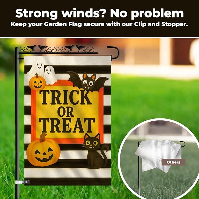 Halloween Garden Flag 12x18 Double Sided – Trick or Treat Yard Flag with Pumpkins, Ghosts, Bat, Cat – Fall Outdoor Burlap Halloween Flag for Garden or Lawn