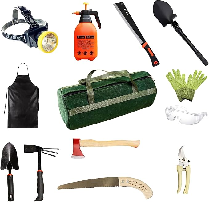 Professional 13-Piece Gardening & Outdoor Survival Tool Set with 15-Inch Machete, Heavy Duty Axe, Folding Shovel, Headlight, Sprayer, Safety Goggles & Canvas Bag (GD.SET01)