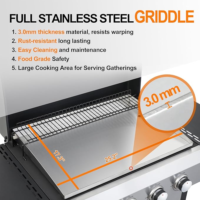 4-Burner Flat Top Propane Gas Grill Stainless Steel Griddle Combo with Foldable Side Table, 49,200 BTU Outdoor BBQ Grill, Porcelain-Enameled Cast Iron Grids, for Backyard, Patio Cooking