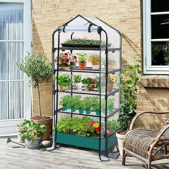 5 Tier Mini Greenhouse for Indoor Outdoor, Portable Green House with Durable PVC Cover and Shelves for Seedling, Heavy Duty Greenhouse with Waterproof Mat and Cover Tape, Gardening Gifts for Women Men