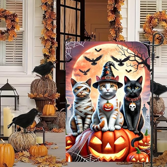 Cats Halloween Garden 12x18 Double Sided Flags Trick or Treat Holiday Pumpkin Garden Flag Cute Kitten Fall Holiday Yard Spooky Flag Winter Lawn Flags Farmhouse Outdoor Decor Banner