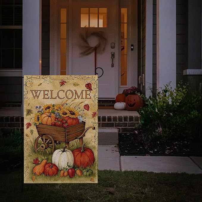 Fall Garden Flag 12 x 18 Inch Double Sided Welcome Pumpkin Sunflower Maple Leaves Farm Designs Autumn Burlap Yard Flag for Outside Rustic Yard Outdoor Holiday Home Decoration