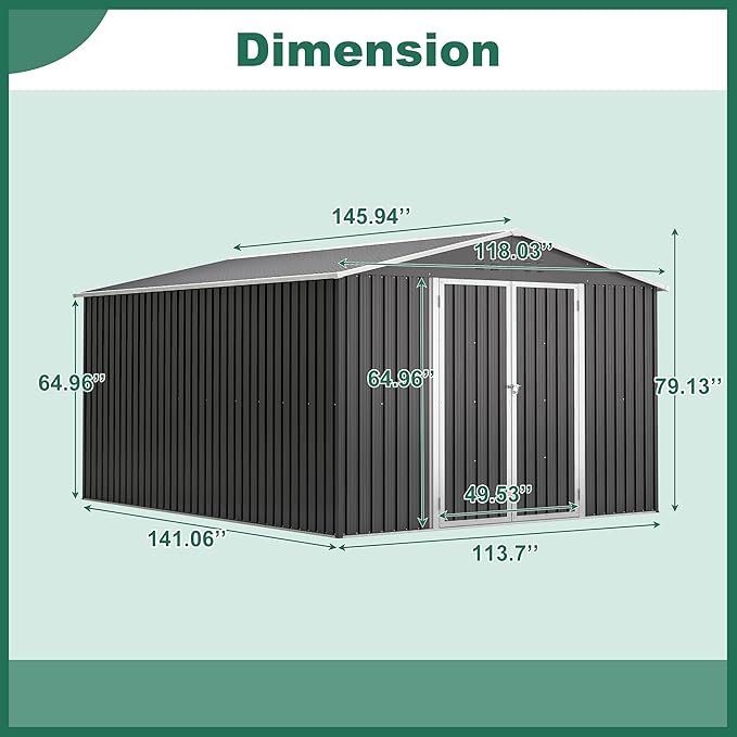 Outdoor Storage Shed, 10x12 FT Galvanized Steel Metal Shed, Lockable Waterproof Tool Storage Sheds for Garden, Patio, Lawn – Durable Storage Solution in Multiple Sizes