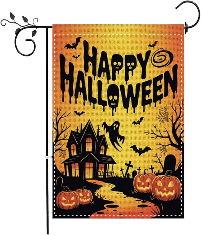 Fokongna Happy Halloween Garden Flag, Halloween Ghost Bat Haunted Castle Decor Flag, 12x18 Inch Burlap Vertical Double Sided Flags, for Home Yard Outside Decorations