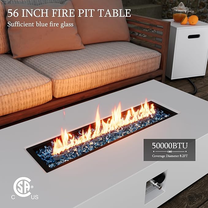 UPHA 56-inch Outdoor Propane Gas Fire Pit Table 50000 BTU Iron Rectangle Firepit for Outside Patio with Tank Hidden Table, Removable Lid, Blue Glass Rocks, Rain Cover, White
