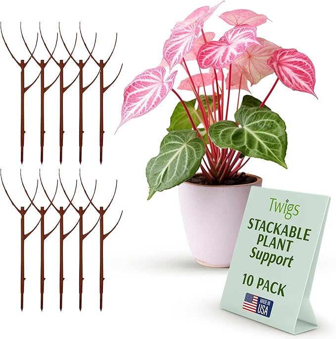 Stackable Plant Support Stakes, Stem Holder Structures for Indoor & Outdoor Use, Garden Accessories for Climbing & Potted Plants, Trellis Alternative - Begonia Red, 10 Pack, 17" L