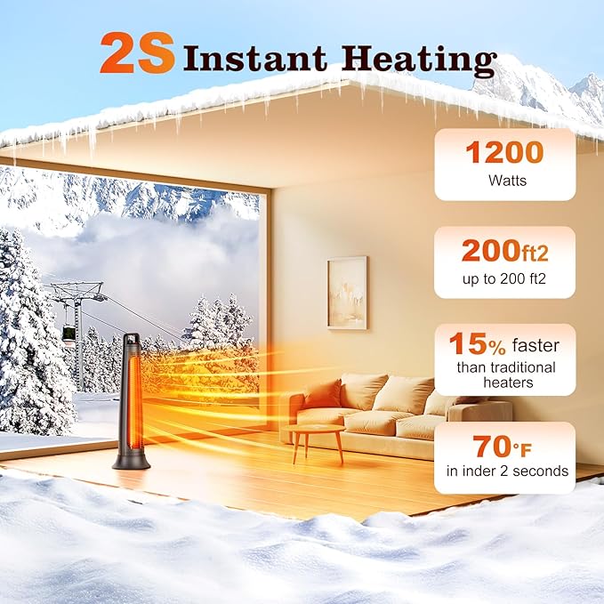 Outdoor Patio Heater, Electric Infrared Heat for Garage Backyard Indoor use, Portable Space Radiant Tower Heater with 60°Oscillating, Safety Lock, IP65 Waterproof, Black