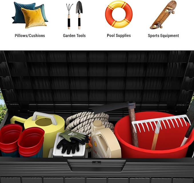 Mars Villa Deck Box, 45 Gallon Resin Indoor and Outdoor Storage Box Waterproof for Patio Furniture Cushions, Pool Supplies, Gardening Tools, Weatherproof and UV Resistant