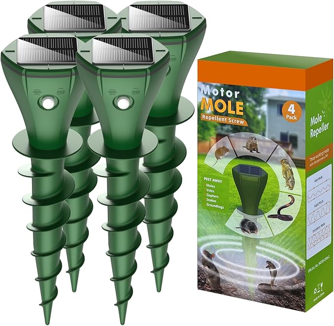 Mole Repellent Solar Powered, 4 Pack Vole Repellent Outdoor, Gopher Repellent Ultrasonic Solar Powered Groundhog Deterrent Snakes Pest Rodent Sonic Vibration Stake for Lawns, Garden, Yard, Farmland