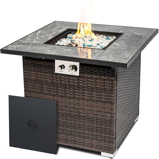 30'' Propane Fire Pit Table, Marble Textured Ceramic Tabletop, 50,000 BTU Fire Table with Brown Wicker, Mix Color Glass Rocks, Including Lid&Cover, Square