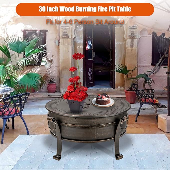 36 Inch Fire Pit with Grill & Lid, Fireplace & Round Table & BBQ 3 in 1 Fire Pit,Heavy Duty Wood Burning Fire Pits for Outside with Fire Poker, Waterproof Cover & Log Grate
