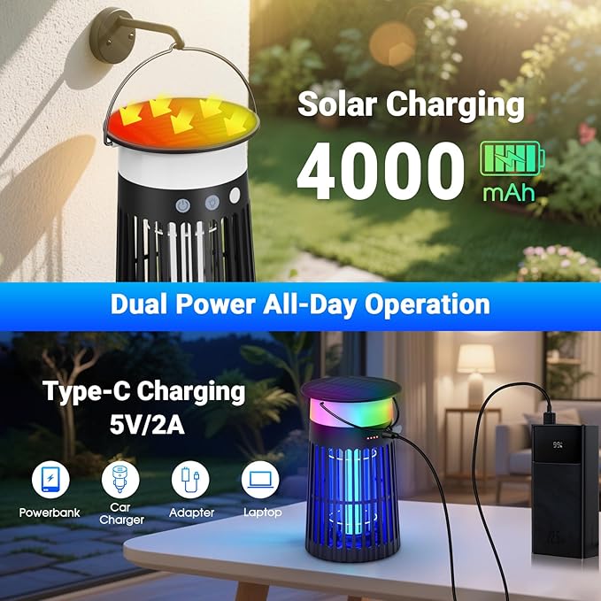 Solar Bug Zapper Outdoor Waterproof, 4 in 1 Solar Mosquito Zapper Outdoor, Cordless Solar Fly Zapper with RGB, Flame Light and LED Camping Lantern