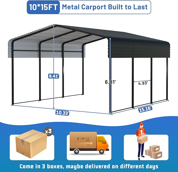 Metal Carport 10 * 15 FT Heavy Duty Carport Canopy with Galvanized Steel Roof Multi-Use Shelter Outdoor Portable Garage for Car, Boat, Pickup and Tractor
