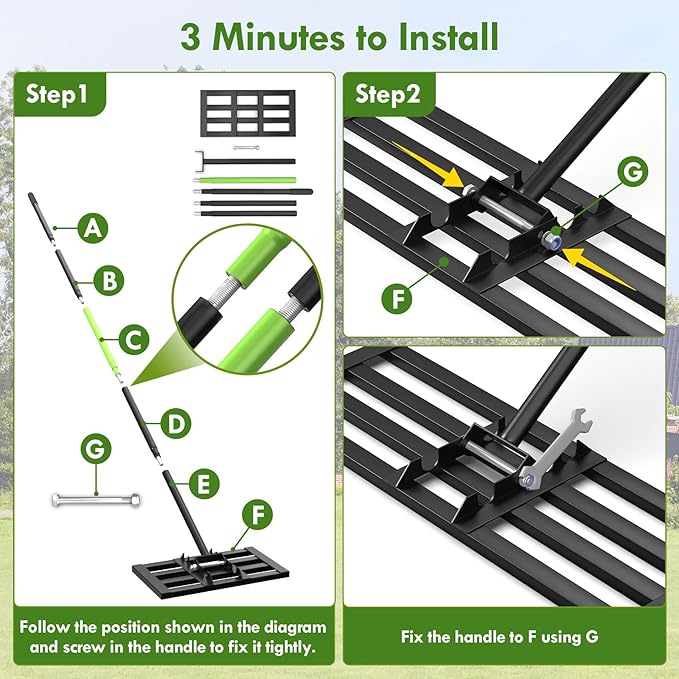 Seeutek Lawn Leveling Rake, 17” x 10” Lawn Leveler with 6.5FT Durable Handle Rakes for Lawns, 0-180° Adjustable Ground Leveler Tool for Yard, Level Soil Sand Dirt Surfaces