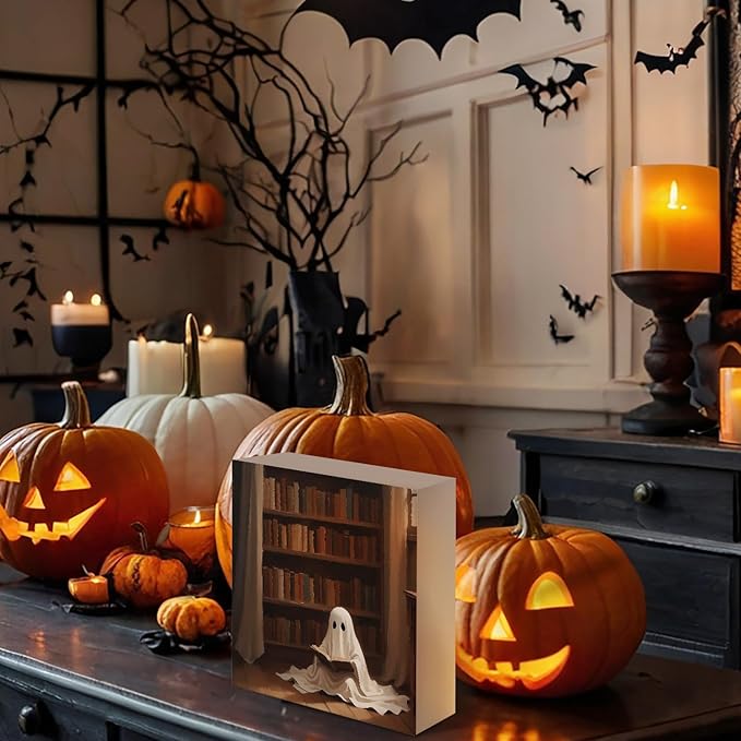 Mtrgdn Cute Halloween Decor,Halloween Decorations Indoor,Ghost Reading Desk Decor Wooden Box Sign,Halloween Home Office Kitchen Bathroom Bedroom Coffee Bar Table Shelf Wall Decorations,5x5 Inch