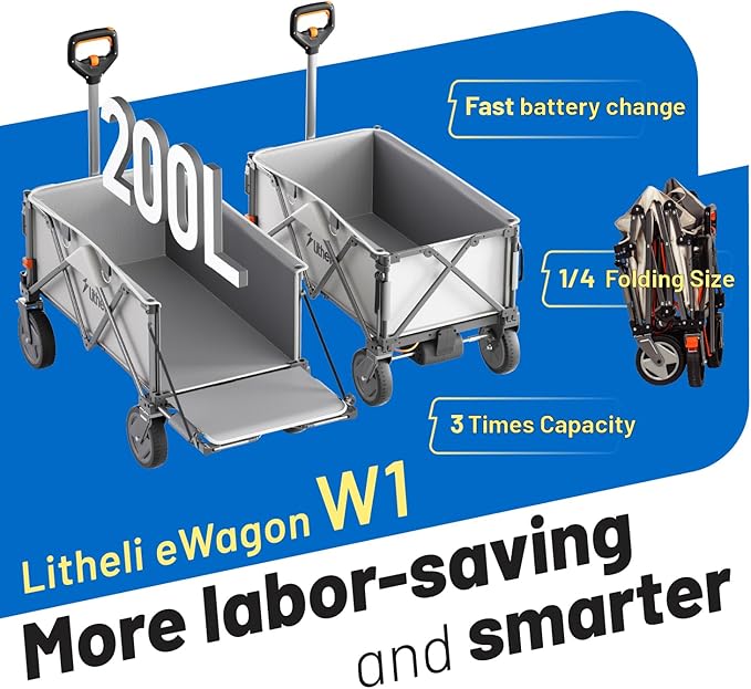 Litheli Electric Wagon Cart with Battery Power, All-Terrain Wheels & Variable Speed | 200L Capacity, 300 lbs Heavy-Duty Utility Wagon for Camping Gear, Beach Trips, Garden Tools & Shopping Hauls