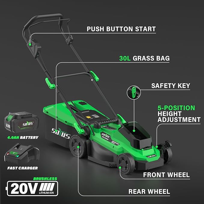 SOYUS Lawn Mower Cordless, 13 Inch 20V Electric Lawn Mowers with Brushless Motor, 5-Position Height Adjustment, 4.0Ah Battery & Charger Included