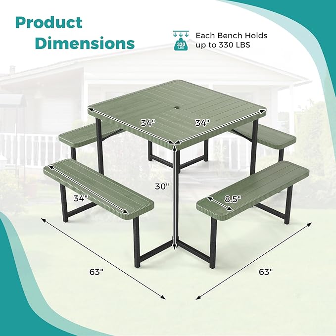 Giantex Picnic Table Bench Set for 4-8 People, 34" Outdoor Square Dining Table & 2 Benches w/Umbrella Hole, HDPE Tabletop, Metal Frame, Patio Camping Furniture for Backyard Porch Lawn (Green,Square)