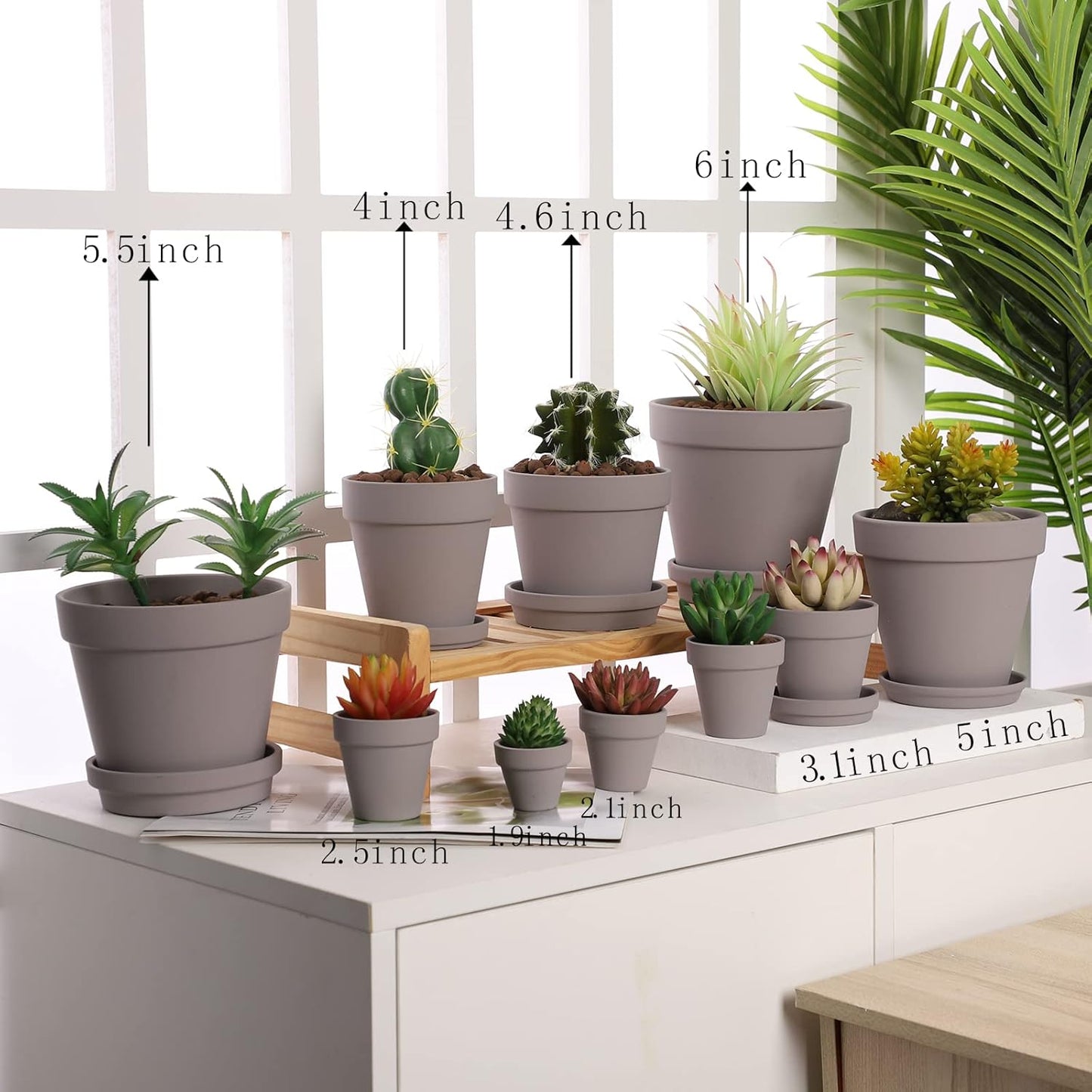 Yishang Large Terra Cotta Pots with Saucer- 4 Pack Large 6'' Terra Cotta Plant Pot with Drainage Hole, Flower Pot with Tray, Terracotta Pot for Indoor Outdoor Plant(Grey)