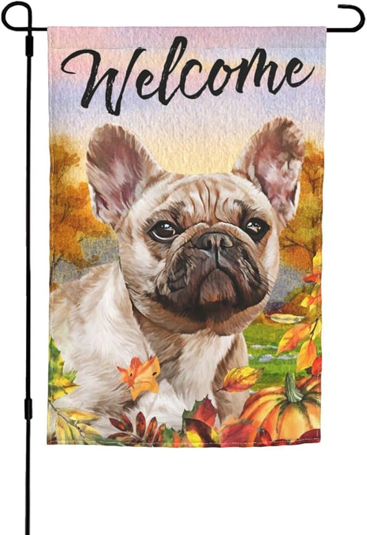 French Bulldog Autumn Pumpkin Fall Dog Garden Flag Welcome Party Outdoor Outside Decorations Picks Home House Garden Yard Decor 12x18 Inch