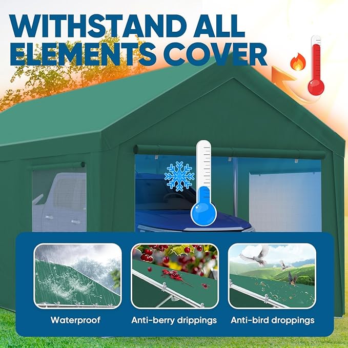 Quictent 12x20 ft Heavy Duty Carport Canopy Galvanized Car Tent Outdoor Garage Boat Shelter with Reinforced Structure with Roll-up Ventilated Windows Sidewall - Green