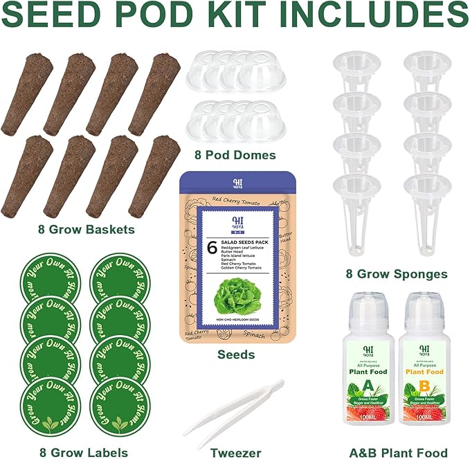 Salad Greens Seed Pod Kit with Lettuce and Tomato, Red and Green Leaf, Butter Head, Spinach for Hydroponic Pods, Grow Anything for Hydroponics Growing System Kit, Plant Food and Growing Guide 8-Pod