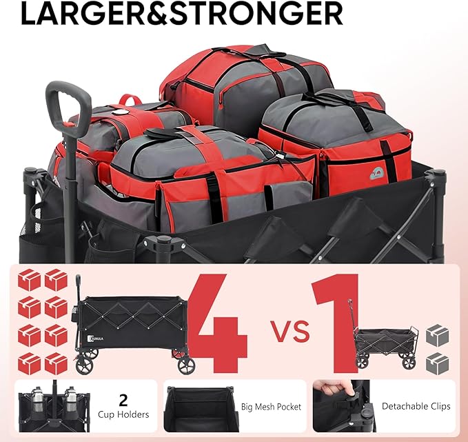 Collapsible Foldable Wagon Cart with 330lbs Weight Capacity, Heavy Duty Folding Wagon Cart with Big All-Terrain Wheels & Drink Holders. Black