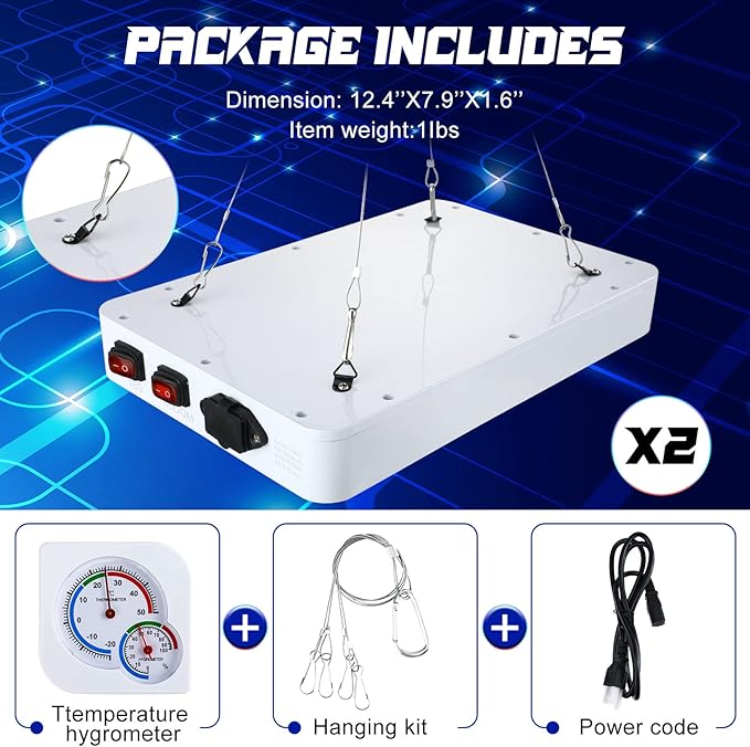 Supervitae 2 Pack 1000 watt LED Grow Lights for Indoor Plants Full Spectrum Growing Tent Lamps with Veg & Bloom & Veg-Bloom 3 Modes, Daisy Chain and Temperature Hygrometer for Vegetable and Flower