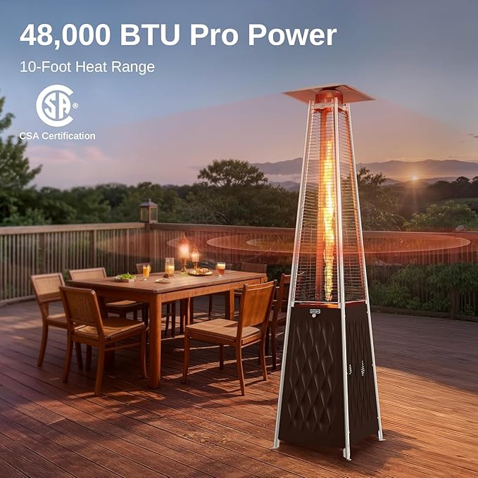 EAST OAK 48,000 BTU Pyramid Patio Heater, Quartz Glass Tube Propane Outdoor Heater with Wheels, Triple Safety Protection, 2025 Upgrade for Home, Backyard & Commercial Spaces, Bronze