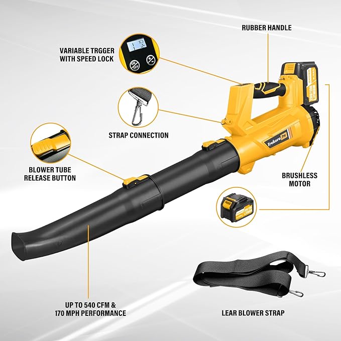 Cordless Leaf Blower with Battery and Charger，540 CFM/170 MPH,Battery Powered with 2 x 6.0Ah Batteries,6-Speed & Turbo Mode,Lightweight for Lawn Care,Patio,Leaves,Dust,and Snow Removal,Yellow