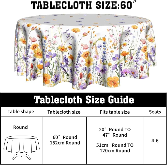Giwawa Watercolor Wildflowers Round Tablecloth 60 Inch,Purple Lavender Orange Poppy Floral Reusable Washable Polyester Table Cover for Seasonal Indoor Outdoor Dining Party Picnic Decor