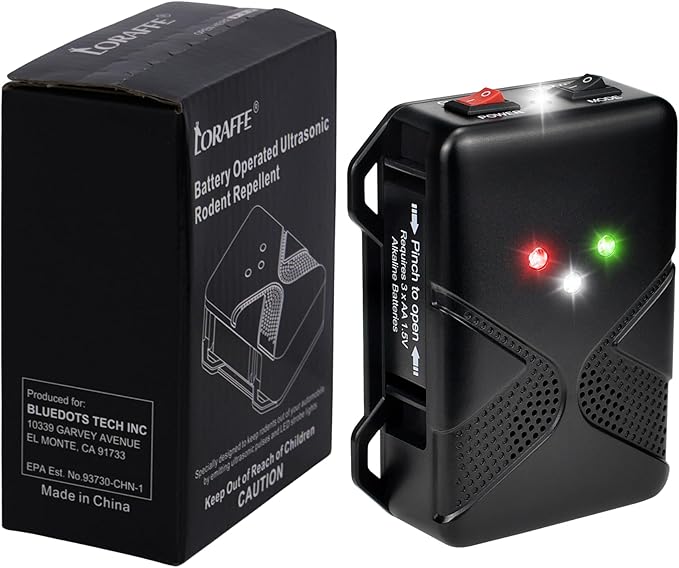 Ultrasonic Rodent Repellent for Car Engine – Battery Powered Under Hood Mouse Repeller with Flashing Strobe Light, Keeps Rats and Mice Away from Vehicle, Automobile, Truck, Garage, Attic, Barn, Shed