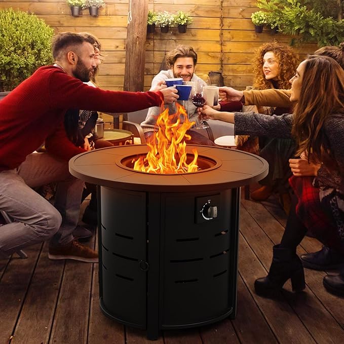 30 Inch Fire Tables Round Tabletop 50000 BTU Outdoor Fire Pits for Outside Steel Gas Fire Table with Fire Pit Lid Waterproof Cover, Black